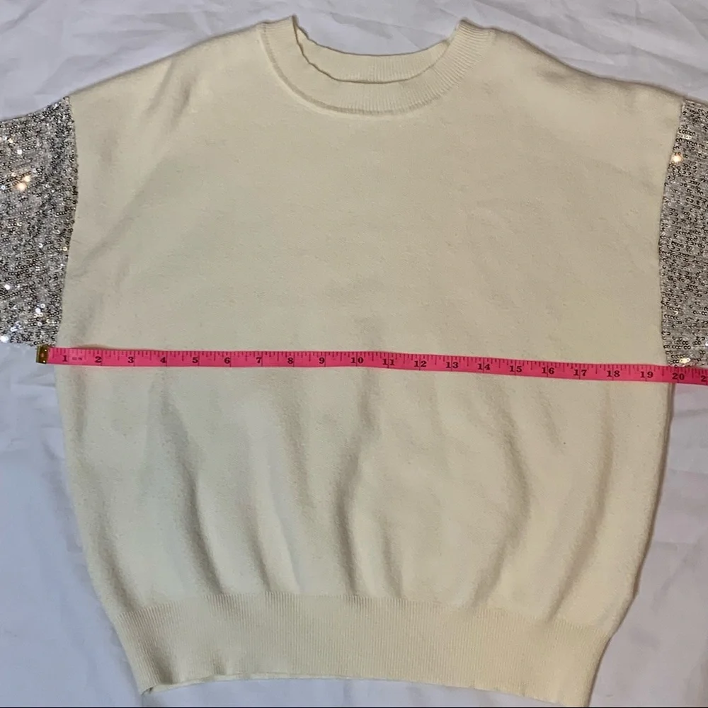 LUSH Sequin Sleeve Sweater Silver Cream Coquette Comfy Cozy Winter Sparkly Small - Picture 12 of 15